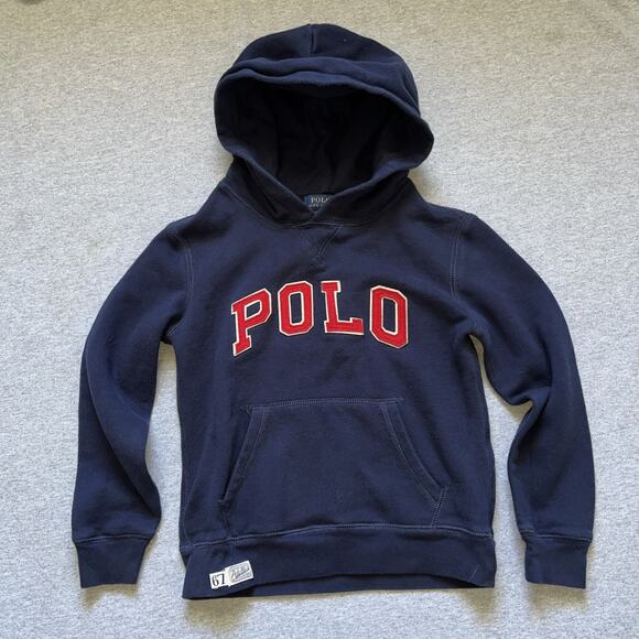 Polo Ralph Lauren Boys Hoodie Size 7 Navy Blue Arch Logo Spell Out - Picture 1 of 4